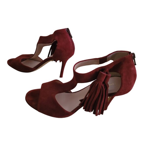 Like New Kate Spade Inga Red Suede Fringe Stiletto Sandals - Picture 3 of 8